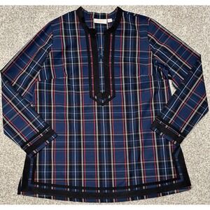 Jingle Belles by Kim Gravel Tunic Womens Medium Tartan Plaid Blue Shirt *MINT*